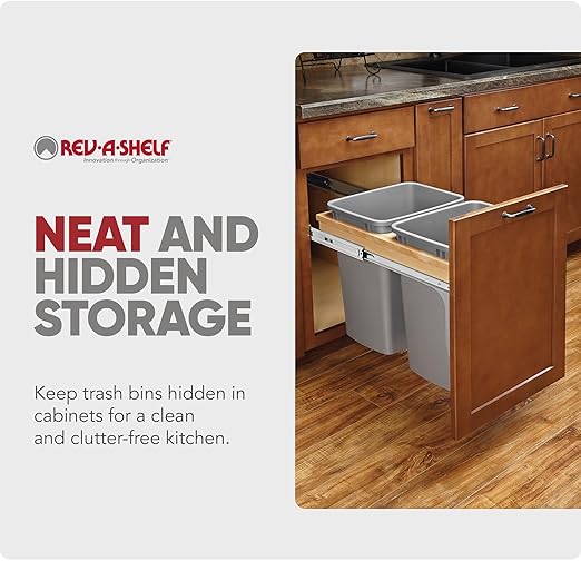 Rev-A-Shelf 35 Qt Top Mount Double Pullout Under Cabinet Kitchen Trash Cans w/Soft-Close, 150 Pound Rated Full-Extension Slides, 15" W, Gray, 4WCTM-18BBSCDM2 - Container Bins for Waste Management