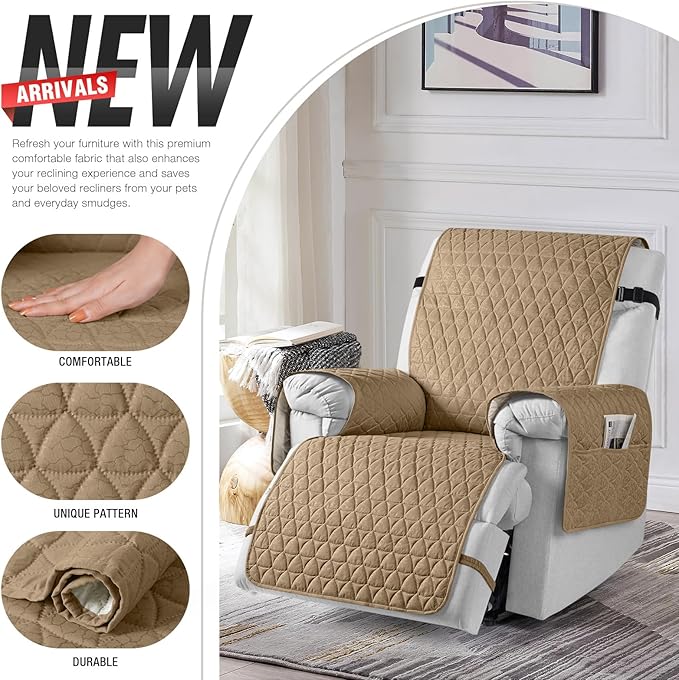TAOCOCO 100% Waterproof Recliner Cover - Recliner Cover with Non-Slip Granule, Recliner Chair Covers with Elastic Band, Recliner Chair Covers for Reclining Chair (Camel,Small-22'')
