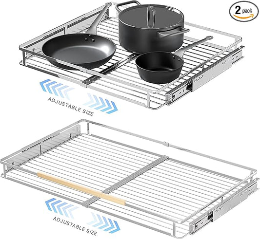 2Pack Expandable Pull Out Cabinet Organizer, 17.1~28" W x 22.5" D Heavy Duty Slide Out Shelves Adjustable Height Cabinet Pull Out Shelves,Expandable Width Spice Rack Organizer for Kitchen