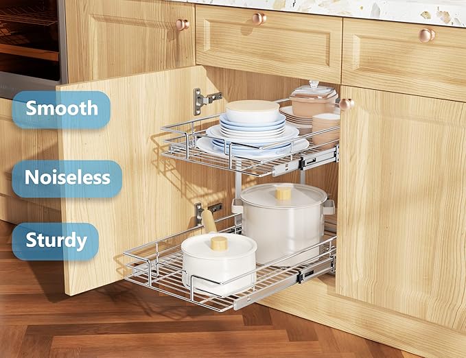 LOVMOR Individual Pull Out Cabinet Organizer, 2 Tier Slide Out Cabinet Drawers, Pots and Pans Organizer and Storage Pantry Shelf for Kitchen (22½" W x 21½" D)