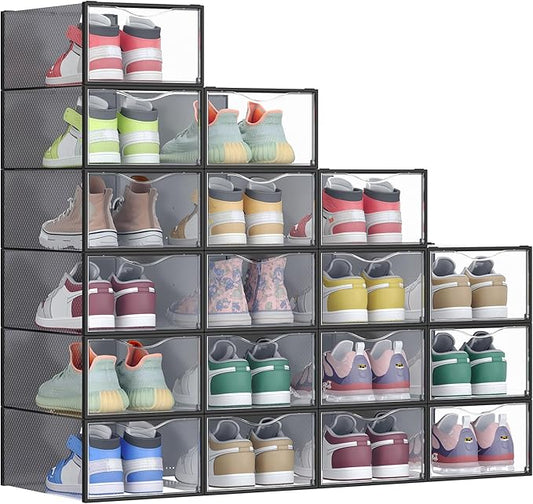 SONGMICS Shoe Boxes, Shoe Storage Organizers Rack for Closet, Plastic Stackable Sneaker Containers Case, 18 Pack, Transparent and Ink Black ULSP318B01