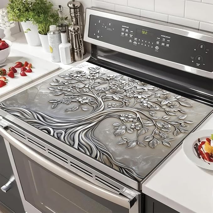 Stove Top Cover for Electric Tree of Life Stove Decorative Floral Embossed Dish Drying Mat Coffee Mat 28x20 Inch Kitchen Protector for Stove Surface