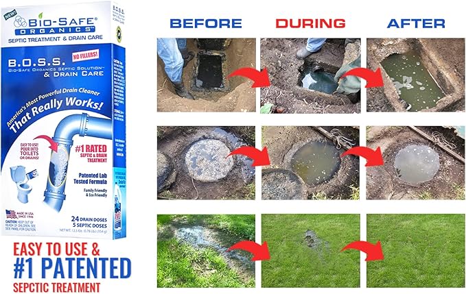 B.O.S.S.- Bio-Safe Organics Septic Solution & Drain Care 12.5 oz Powder - Patented Bacteria Enzyme Exxon Valdez Septic Tank Maintenance & Drain Care Formula, All Septic Tank Systems & Drains - 3 pack