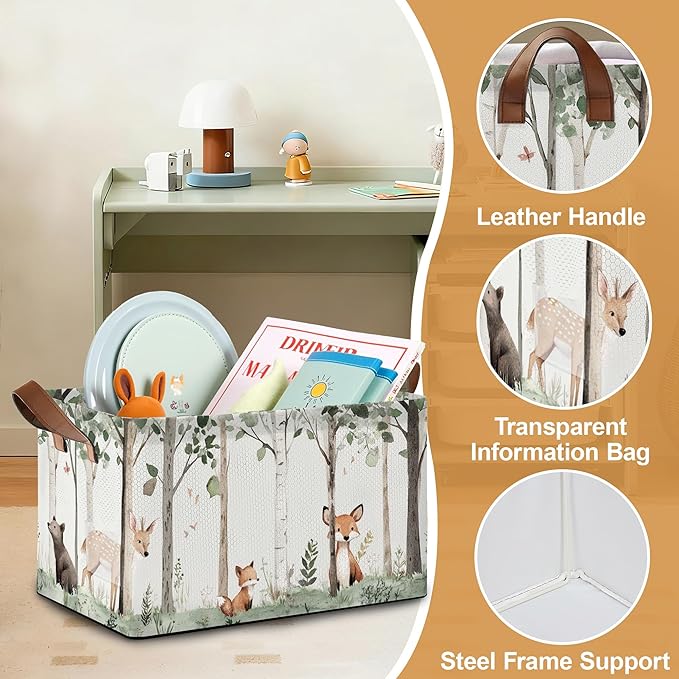 Forest Animal Storage Bin with Handles, Basket Storage Organizer for Shelves, Closet, Nursery, Book, Laundry Hamper & Home Decor