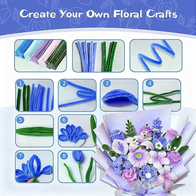 500PCS Pipe Cleaners Craft for Flower - 5 Assorted Colors Chenille Stems Pipe Cleaners Bulk 25sturdy floral stems, 200Stamens, Ribbon, Glue Sticks & Pearls for DIY Bouquets & Home Decor(Blue)