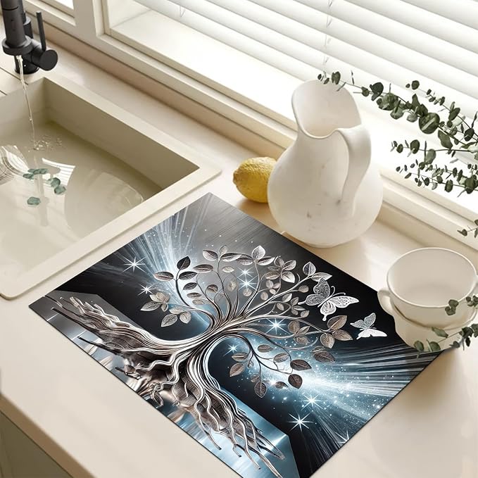 Tree Butterfly Stove Top Cover for Electric Stove Diatomite Dish Drying Mat Floral Embossed Kitchen Protector 28x20 Inch Heat Resistant Pad Coffee Station Mat