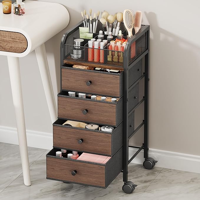 SWTYMIKI Rolling Makeup Organizer Cart - Floor Skincare Make Up Storage with 4 Non-woven Drawers, Vanity Organizer Cosmetic Display Cases Cabinet for Skin Care Perfume Nail Polish Brush Hair Tool