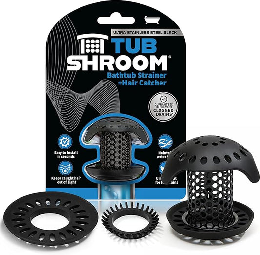TubShroom Ultra Stainless Steel Drain Protector, Hair Catcher Strainer for Bathroom Tub and Shower, Matte Black, 1-Pack