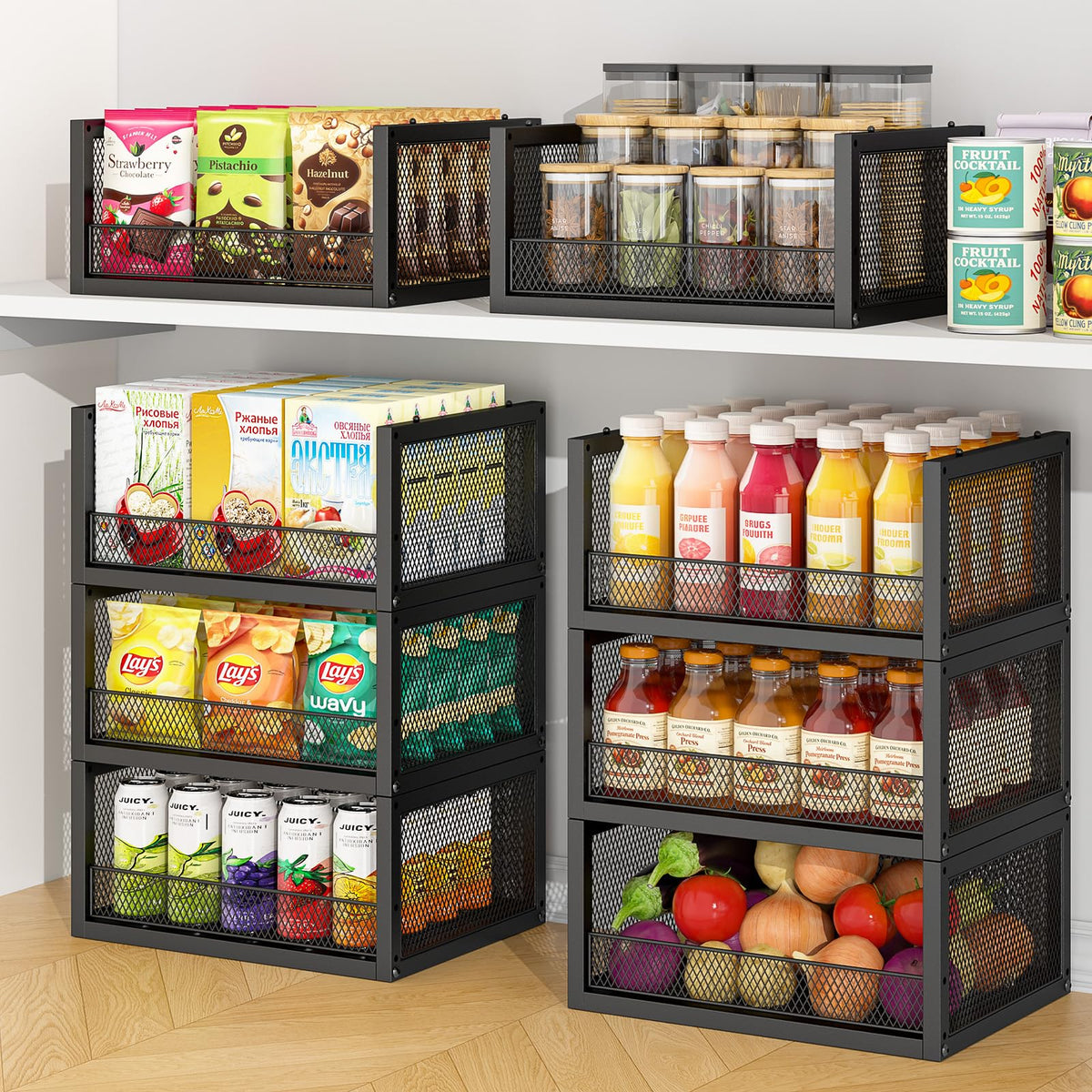 3 Pack Stackable Wire Baskets, Open Front Pantry Storage Bins - Image 1