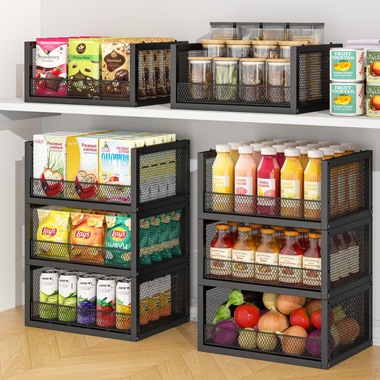3 Pack Stackable Wire Baskets, Open Front Pantry Storage Bins - Image 1