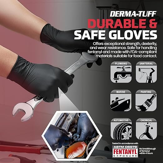 Derma-Tuff Powder Free Nitrile Disposable Gloves | 6 Mil - Med 120 Ct | Latex Free, Chemical + Puncture Resistant, Fully Textured Grip, Beaded Cuff, for Automotive, Maintenance, Industrial | 66582