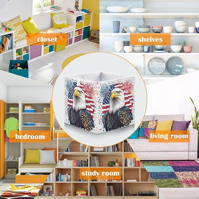 Bald Eagle Fireworks American Flag Closet Organizers Storage Cubes Storage Bins Shelf Baskets Containers for Home Room Office,Square