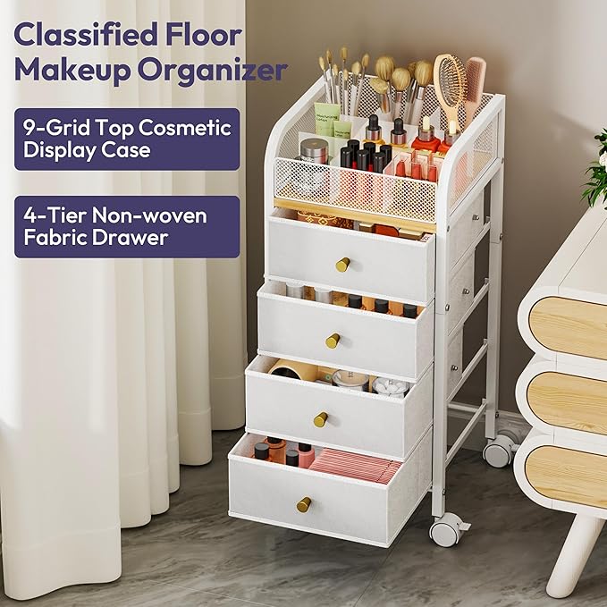 SWTYMIKI Rolling Makeup Organizer Cart - Floor Skincare Make Up Storage with 4 Non-woven Drawers, Vanity Organizer Cosmetic Display Cases Cabinet for Skin Care Perfume Nail Polish Brush Hair Tool