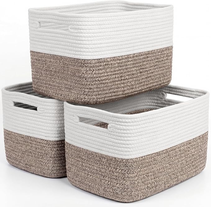 Storage Baskets for Organizing, 14 x 10 x 9” Closet Shelf Woven Baskets, Square Bins with Handles, Cotton Rope Basket for Toys, Clothes, Office, Room, White+Dark brown 3 Pack