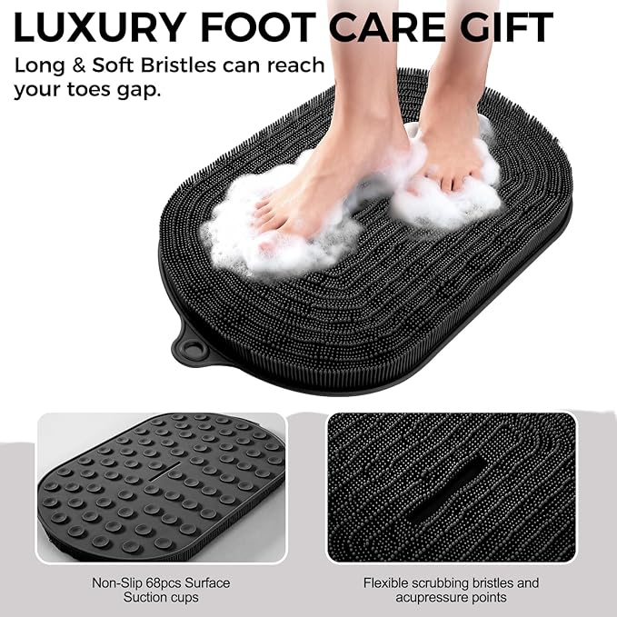 Shower Foot Scrubber - XXL Large Silicone Bath Mat for Exfoliating & Massaging Feet in Shower, Non-Slip Suction Cups, Dead Skin Remover, Callus Cleaner for Men & Women, 20.9"x13.8" Black