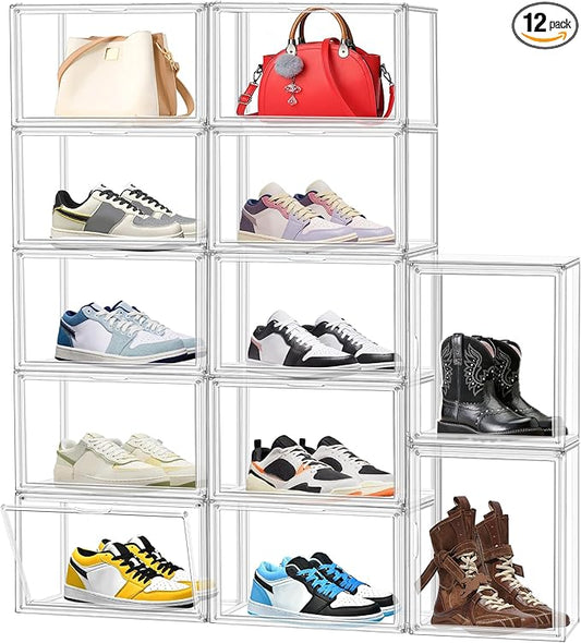 12 Pack Clear Shoes Box Shoe Storage Organizer for Closet Stackable Acrylic Handbag Display Case Shoe Organizer for Entryway