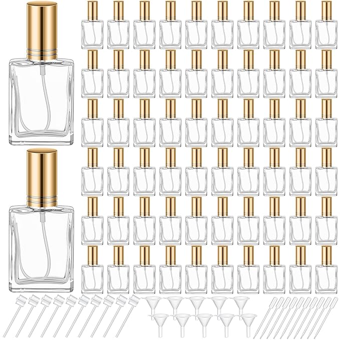 Domensi 60 Pcs 15 ml Glass Perfume Bottles Mini Glass Empty Spray Atomizer Bottles Bulk Refillable Perfume Dispenser Container with Pump Tool for Travel Cleaning Skin Care(Gold)