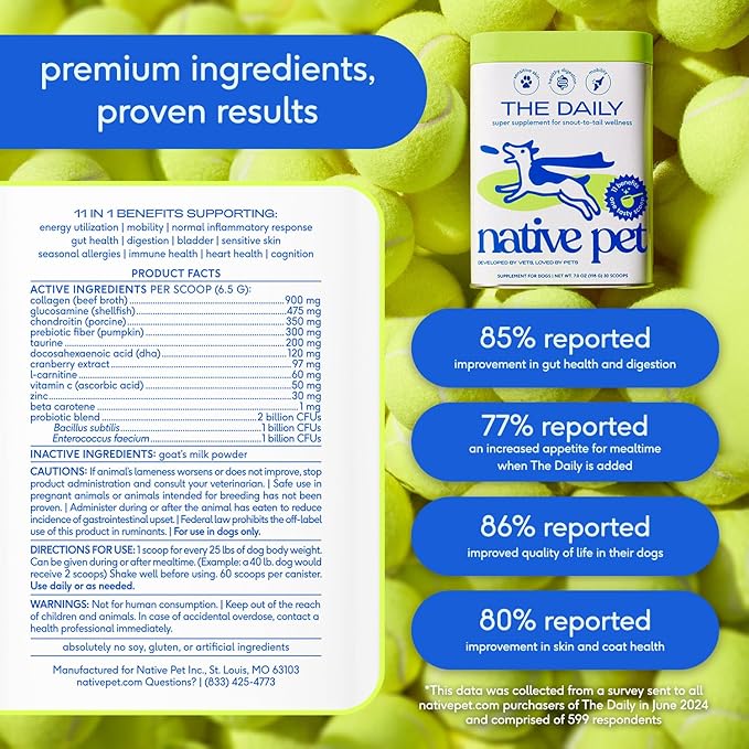 Native Pet Dog Vitamins & Supplements - 11-in-1 Vitamin Powder for Dog Food Topper - Collagen, Glucosamine, Probiotics, Omega & More- Supports Healthy Gut, Mobility & Overall Health - 30 Scoops