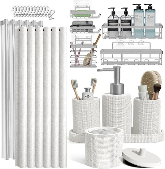Clara Clark Bathroom Set - White Bathroom Accessories Set, 24PC Bathroom Accessory Set, Bathroom Sets with Shower Curtain Set, Adhesive Corner Shower Caddy Hanging & Soap Dispenser