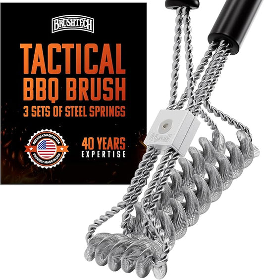 Brushtech Tactical Safety Grill Brush - Heavy-Duty BBQ Grill Cleaning Brush with Stainless Steel Springs, Large Handle for Deep Cleaning - Great, Made in USA