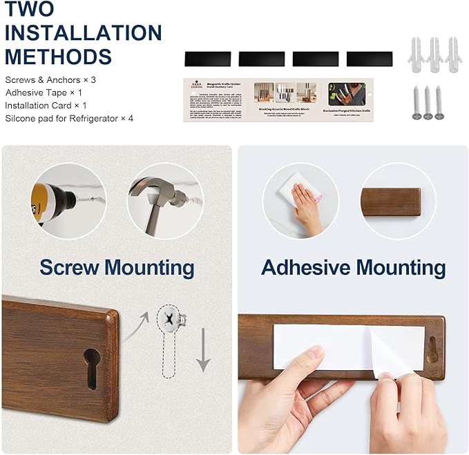 ENOKING 16 Inch Strong Magnetic Knife Holder for Wall, Solid Acacia Wood Knife Bar with 4 Hooks, 3-Way Installation: No-Drill Wall Mount, Screw Mount, & Refrigerator Slip-Proof Magnet Strip