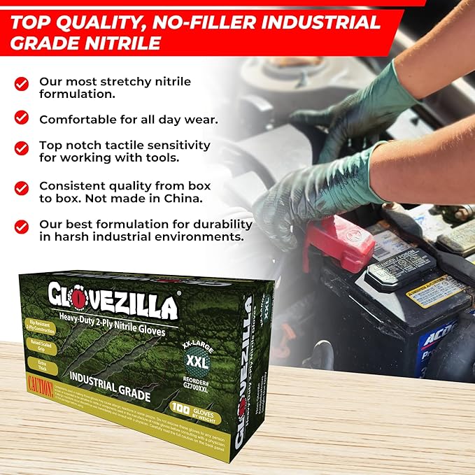 2-PLY 8.5 MIL Thick Industrial Nitrile Gloves, Disposable, Rip Resistant, Raised Diamond Texture for Grip, 2 Layer