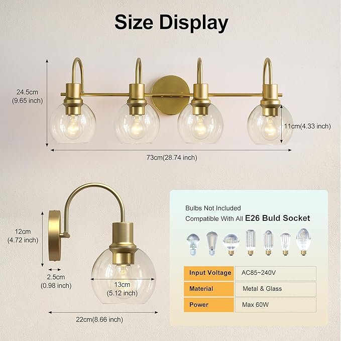 4-Light Gold Bathroom Vanity Light, 28" Modern Brushed Gold Wall Sconce with Clear Glass Shades, Bathroom Light Fixtures Over Mirror Lighting for Bedroom, Hallway,Easy Installation