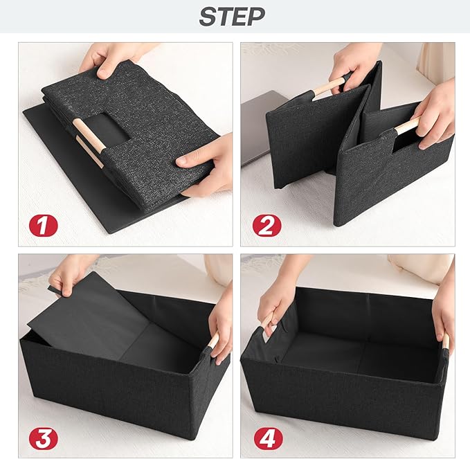 ANMINY 2PCS Storage Baskets for Organizing Collapsible Fabric Storage Bins Boxes with Wood Handles Closet Shelves Cube Organizer Bins Clothes Laundry Storage Container - Large, Black