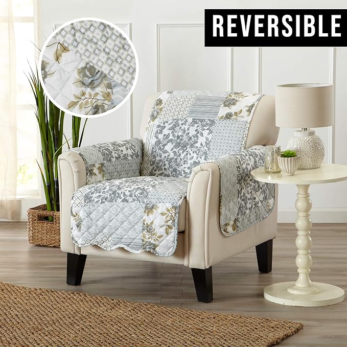 Great Bay Home Reversible Patchwork Chair Cover - Washable Slipcover Furniture Protector with Elastic Straps - Chair Cover for Dogs, Kids, and Pets - Box-Stitched Detail (Chair, Grey)