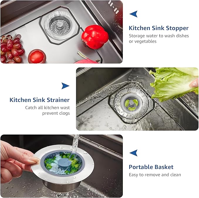 Kitchen Sink Drain Strainer 2 Pack, 3 in 1 Pop-up Stainless Steel Sink Stopper, Large Capacity Anti Clogging Basket Sink Filter with Handle Rod for American Standard 3-1/2 inch Drain Pipes Strainer