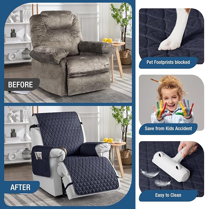 TAOCOCO 100% Waterproof Recliner Cover - Recliner Cover with Non-Slip Granule, Recliner Chair Covers with Elastic Band, Recliner Chair Covers for Reclining Chair(Dark Blue, Small-22'')