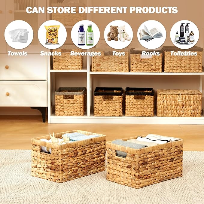Wicker Storage Basket 2 Pack, Water Hyacinth Storage Baskets with Built-in Handles, Large Wicker Baskets for Storage & Organizing, Natural