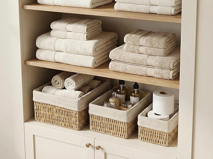 Set of 3 Wicker Storage Baskets for Shelves with Removable Linen Liner, Nesting Woven Organizer Bins for Pantry, Bathroom Counter, Closet, Dresser