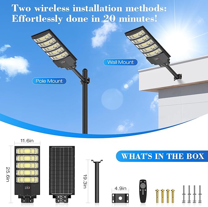 Solar Street Light Outdoor, 10000W Solar Lights Outdoor Waterproof with Motion Sensor, IP66 Solar Flood Lights for Yard, Pathway, Parking Lot - 350° Wide Angle & Remote Control Included (2 PACK)