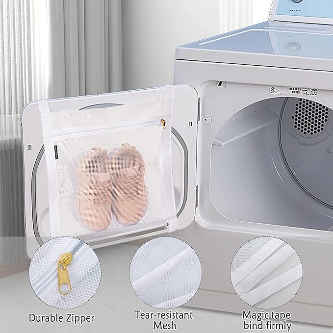 Shoe Drying Bag, Sneaker Bags for Dryer, Bag for Drying Shoes, Reusable Shoe Dryer Mesh Bags, Honeycomb Net Laundry Bags with Zipper & Strap for Washing Machine, Shoes, Clothing, 15.7x13.8 Inch, White