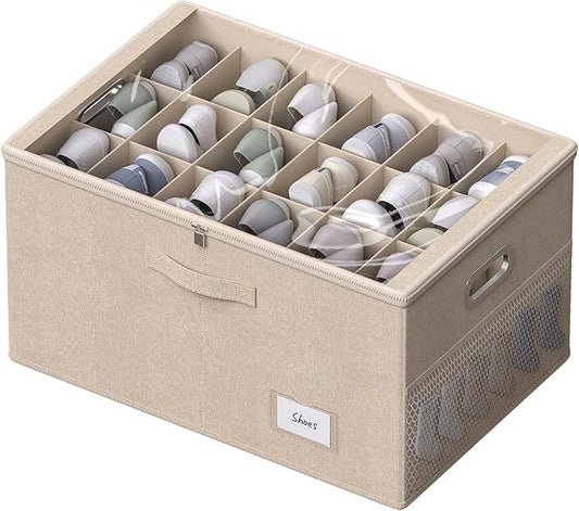 Shoe Organizer for Closet, Shoe Box Storage Containers Fit 18 Pairs Foldable Shoe Storage Bins with Clear Cover & Adjustable Dividers for Shoes Blankets Linen Clothing (Beige, (24.4*16.5*12.9)x1)