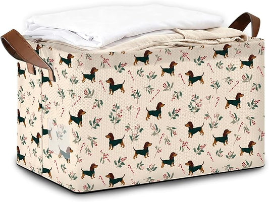 Christmas Dachshund Storage Bin with Handles, Basket Storage Organizer for Shelves, Closet, Nursery, Book, Laundry Hamper & Home Decor