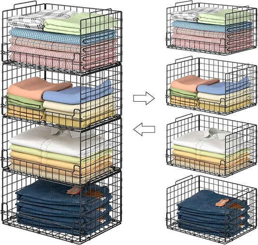 4 Tier Stackable Closet Organizers and Storage Basket - Sturdy Metal Foldable Storage Bin for Sweaters, Jeans and Clothes, Space-Saving Shelf Organizer System for Wardrobe, Black