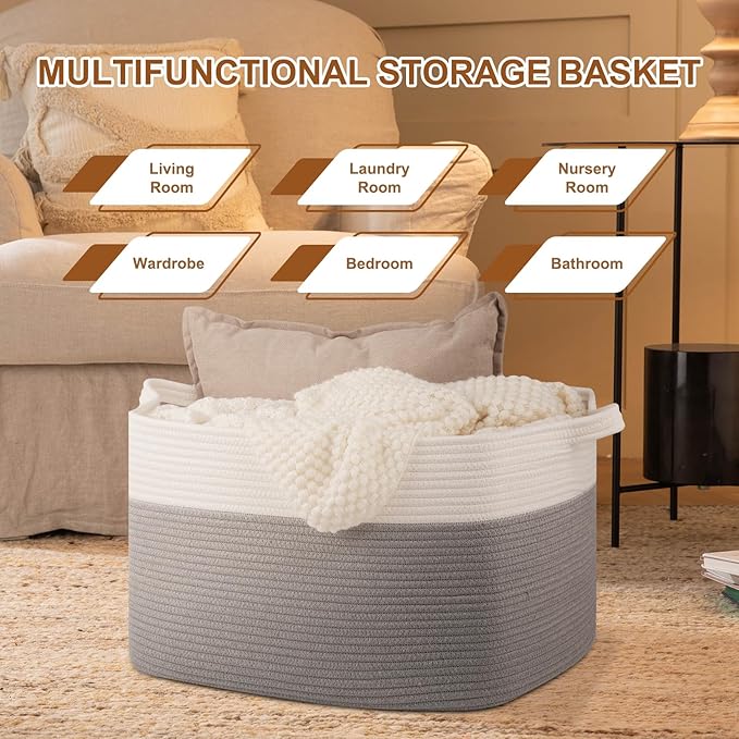 Blanket Basket for Living Room, Cotton Rope Basket for Storage, Toy Baskets Bin for kids, Woven Baskets with Handles for Clothes, Towels, Pillows, 20" x 16" x 12", Grey and White