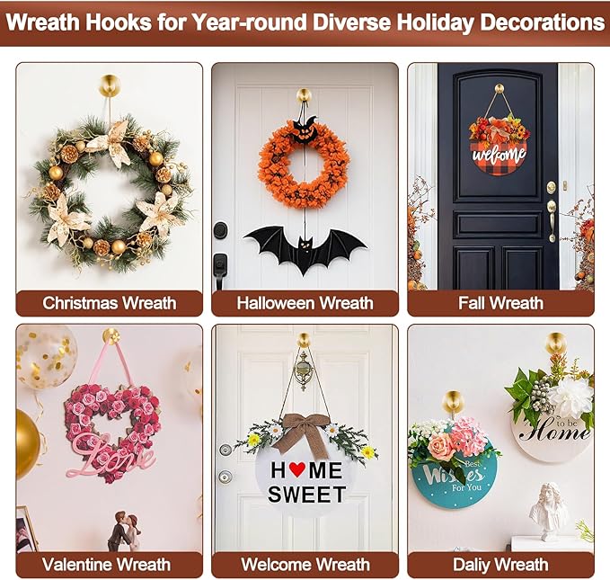 4Pcs Suction Cup Hooks for Wreaths, Shower Suction Cup Hooks, Strong Suction Cup Hanger for Front Door, No-Drill & Removable Holders for Window Glass, Bathroom, Kitchen Mirror, Wall (Gold)