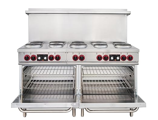 KoolMore KM-CR60-E 60 in. Commercial Range with 10 Burners and 2 Standard Electric Ovens in Stainless Steel-208V 3-Phase, CSA Listed, Solid Black