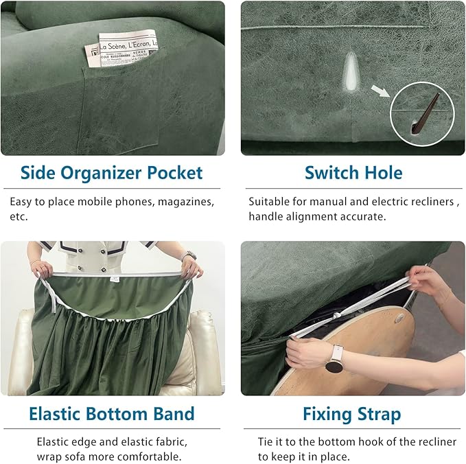 Chair Covers 4-Pieces Recliner Chair Covers 1 Seater Cover for Recliner Chair Leather Look Recliner Slipcovers with Pockets Spandex Fabric Furniture Covers(XL Recliner, Army Green)