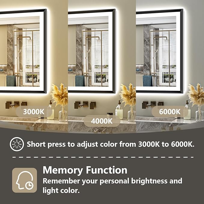 36x32 Black Framed LED Bathroom Mirror with Lights, Backlit and Front Light, Lighted Bathroom Vanity Mirror for Wall Dimmable Anti-Fog Memory Tempered Glass Horizontal/Vertical