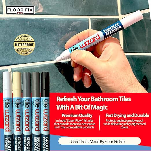 Tile Wizard Grout Pen from Floor-Fix Pro | Waterproof Grout Paint | Tile Grout Colorant and Sealer Pen | Narrow Tip 5mm | 2 Pack -7ml (White, 2 Pack)