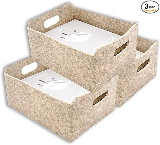 Welaxy Collapsible Felt Storage Baskets, 3-Pack beige Shelf Bins for Toys, Clothes, Books & Closet Organization (Oatmeal x 3)
