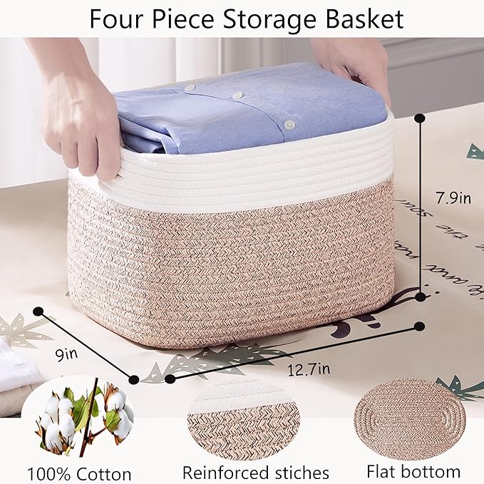 Storage Baskets for Shelves Set of 4 Woven Baskets for Closet Rectangle Toy Bin for Baby Nursery 12.7"Lx9"Wx7.9"H Brown & White