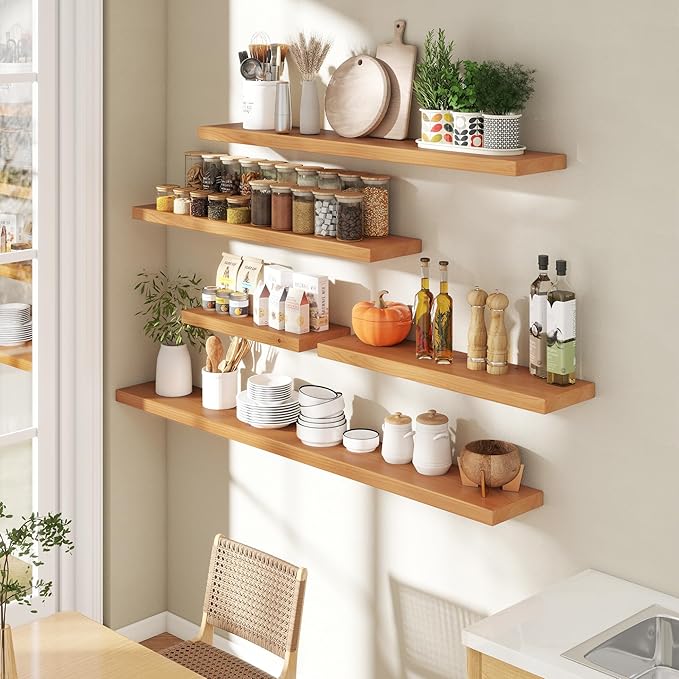 48 Inch Floating Shelves for Wall, 9.3" Deep USA-Sourced Solid Wood Wall Shelves with Heavy Duty Invisible Bracket, Nursery Storage Display Shelf for Living Room, Kitchem, Bedroom, Set of 1, Natural
