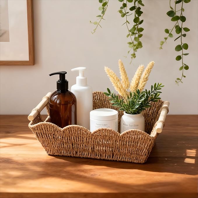 Scalloped Basket with Wooden Handle, Water Hyacinth/Seagrass/Wicker Storage Baskets, Hand Woven Baskets for Shelves,Natural Baskets for Organizing (2 Pack Paper Rope, 16.5 * 12.6 * 5.5“)