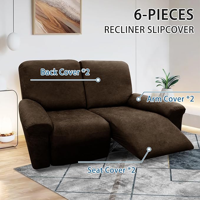 Loveseat Cover 6-Pieces for 2 Seater Reclining Sofa - Leather Look Slipcover With Pockets, Spandex Furniture Protector (Coffee)