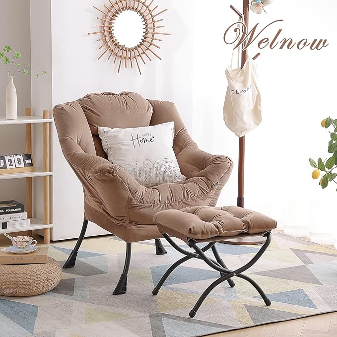 Welnow Lazy Chair with Ottoman, Modern Lounge Accent Chair with Armrests and a Side Pocket, Leisure Sofa Chair Set, Reading Chair with Footrest for Small Space, Corner Chair, Dark Brown